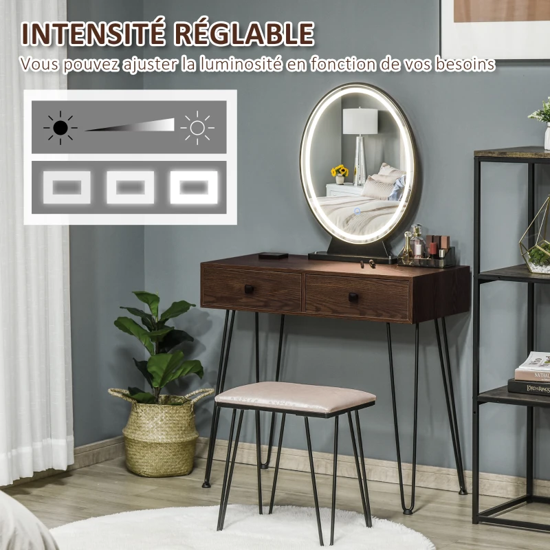 HOMCOM Coiffeuse Table de maquillage moderne - Miroir LED réglable intégré - Tabouret Inclus - pied en métal Noir - 2 tiroirs + 1 Organisateur Imitation Bois Noyer foncé