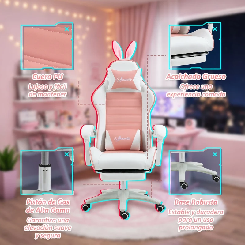 Vinsetto Silla Gaming Profesional de Cuero PU con Altura Ajustable Inclinable 135° Reposacabezas 65x63x136-142 cm Rosa y Blanco
