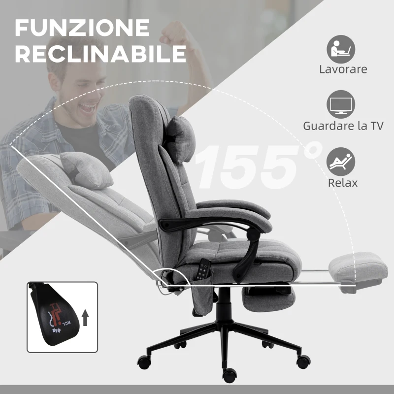 Vinsetto Sedia da Ufficio Reclinabile e Riscaldante con 6 Punti Massaggio e 5 Modalità, Grigio