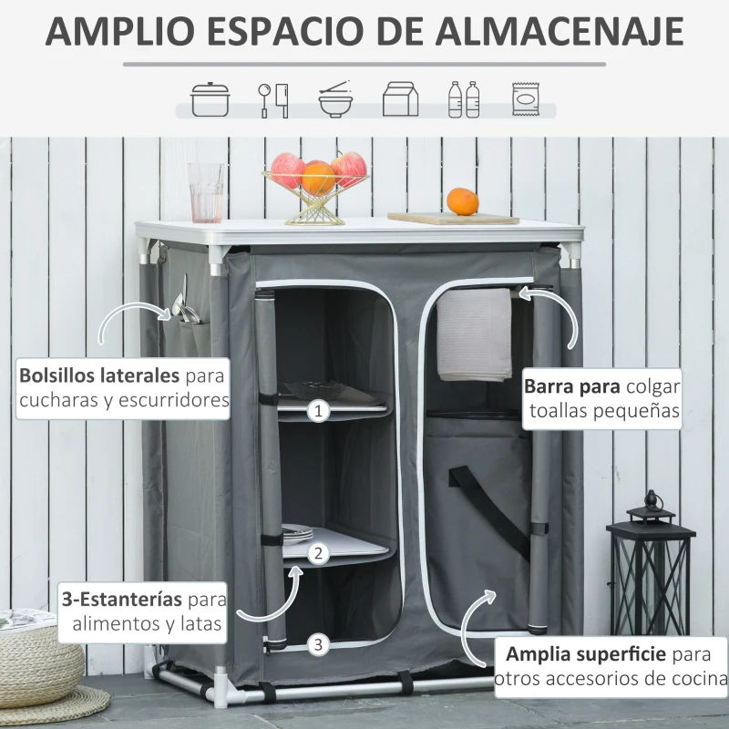Outsunny Armario de Camping Plegable con Estantes y Bolsa de Transporte para Exterior 96x49,5x104 cm Gris
