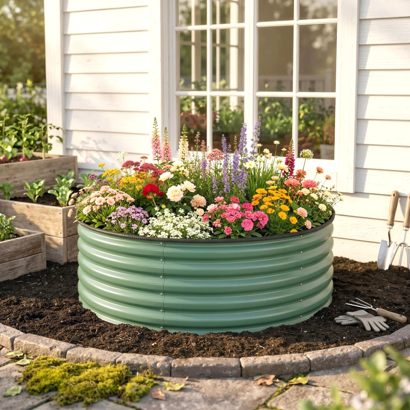 Outsunny Galvanised Raised Garden Bed with Safety Edging, Outdoor Raised Planter Box with Gloves, 120 x 120 x 43cm, Light Green