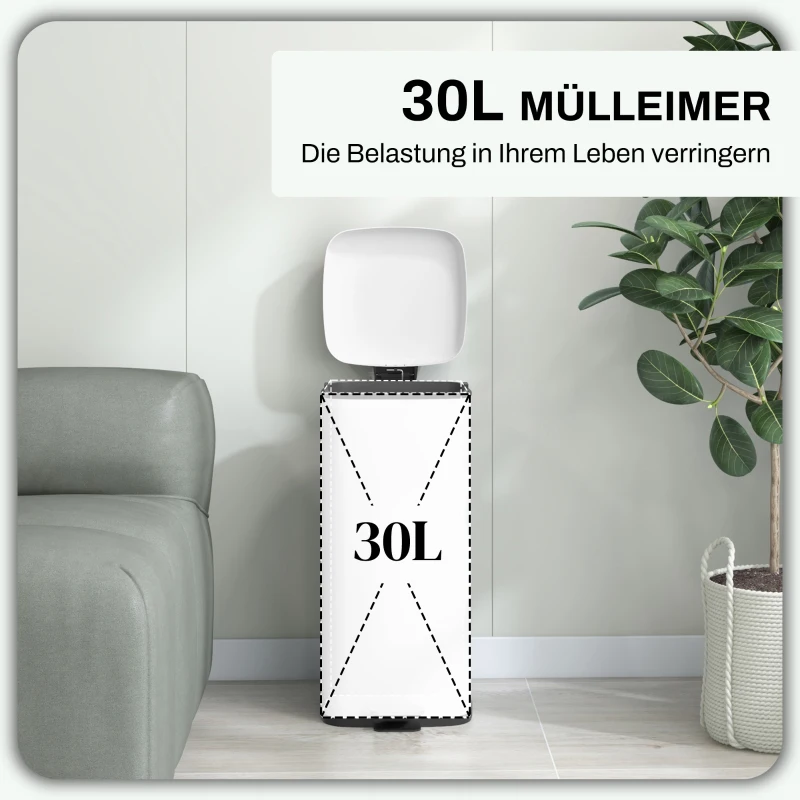 HOMCOM Prullenbak 30L, Soft-Close Deksel, Vingerafdrukbestendig, Voetpedaal, Metaal/Kunststof, 28x35x63,5 cm, Wit