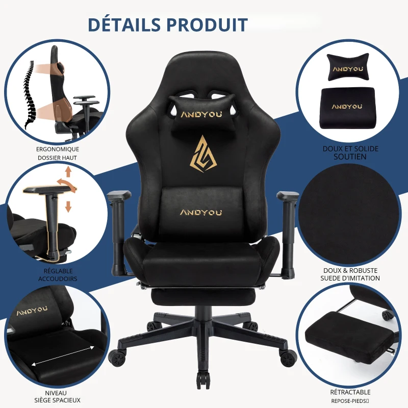 Chaise gaming avec repose-pieds, en similicuir suédé respirant, réglable en hauteur avec vérin à gaz, pivotante, 70x70x135 cm, Noir