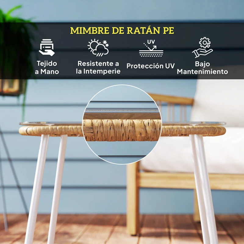 Outsunny Mesa de Jardín de Ratán Sintético con Encimera de Vidrio Templado y Patas Ajustables para Exterior 50x50x44 cm Natural