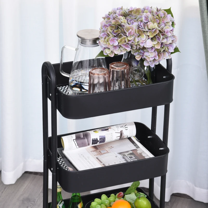 HOMCOM Metal 4-Tier Mobile Storage Serving Trolly Rolling Utility Cart Organiser Kitchen Mesh Bottom Black