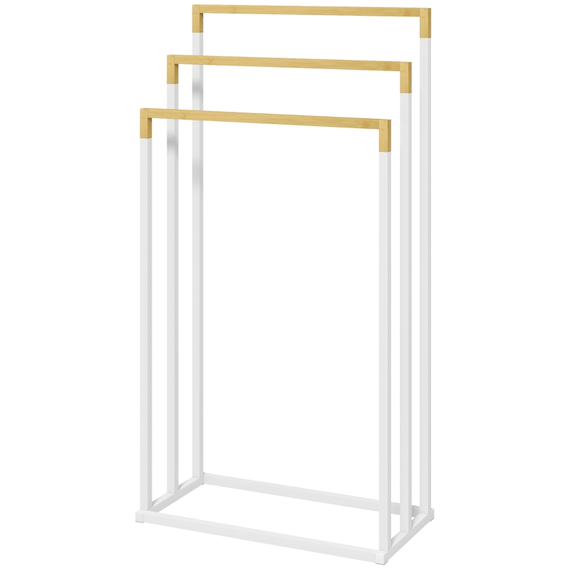 kleankin Handdoekhouder met 3 Stangen, Industrieel Ontwerp, Bamboe, 45 x 22,5 x 86 cm, Wit + Natuur