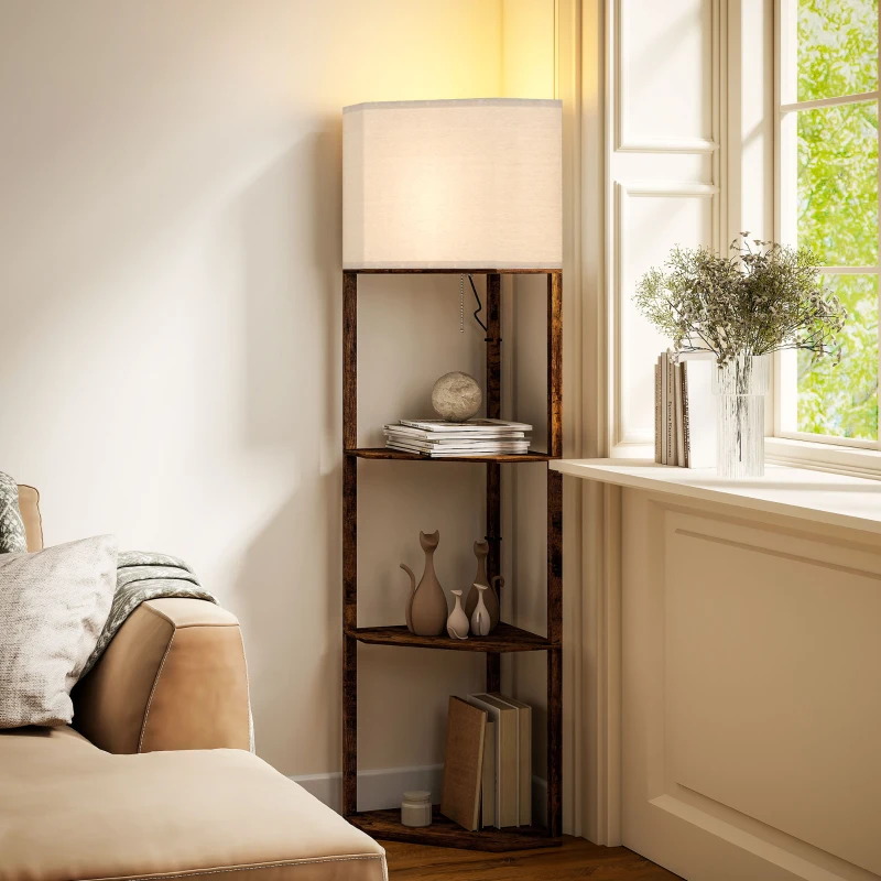HOMCOM Corner Floor Lamp with Shelves, Tall Standing Lamps for Living Room, with Pull Chain Switch Bulb not Included, Rustic Brown