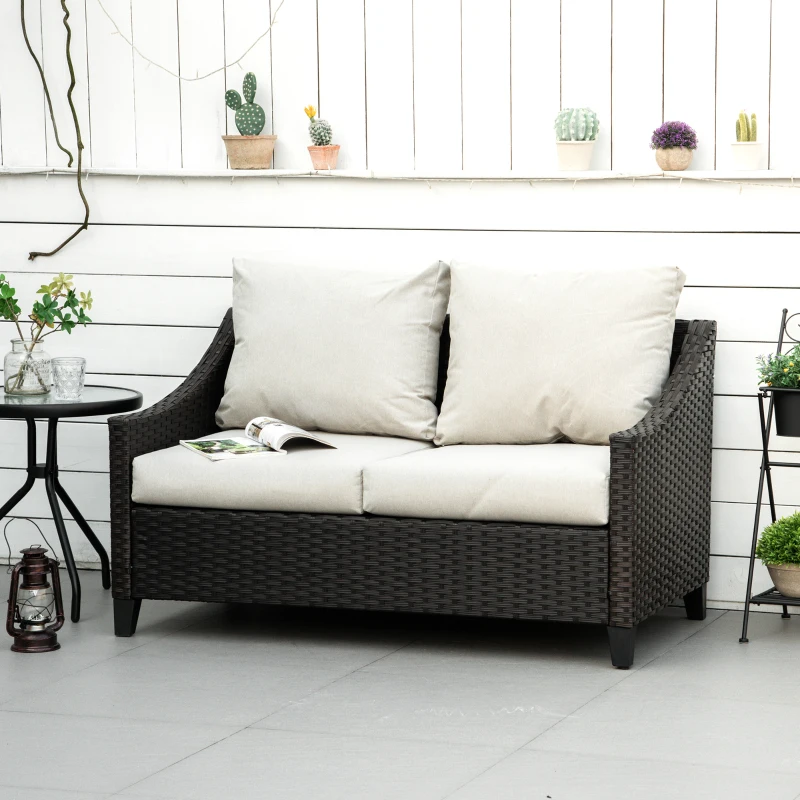 Outsunny Divano da Giardino 2 Posti in Rattan PE con Cuscini, 132x70x74cm, Marrone