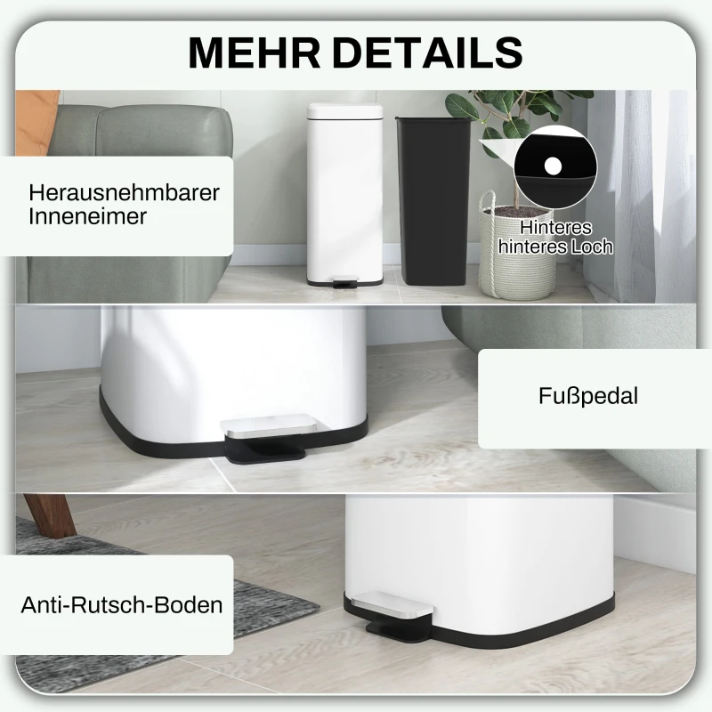 HOMCOM Prullenbak 30L, Soft-Close Deksel, Vingerafdrukbestendig, Voetpedaal, Metaal/Kunststof, 28x35x63,5 cm, Wit