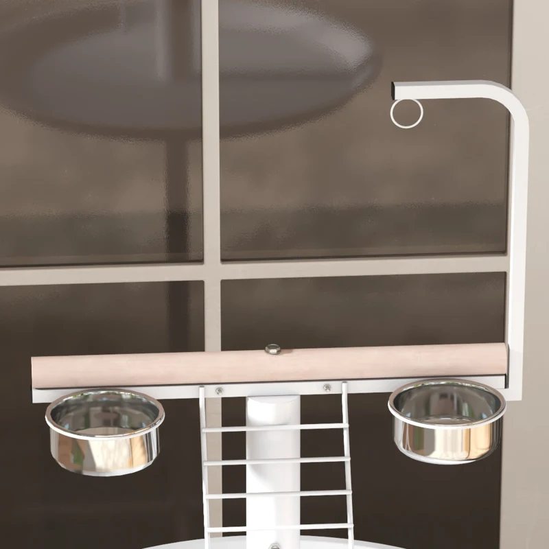 PawHut Papegaaien Vrijstaande Speelstandaard met Zitstok, 1 Ladder, 1 Schommel, Voerschalen, 60 x 60 x 138 cm, Wit + Natuur