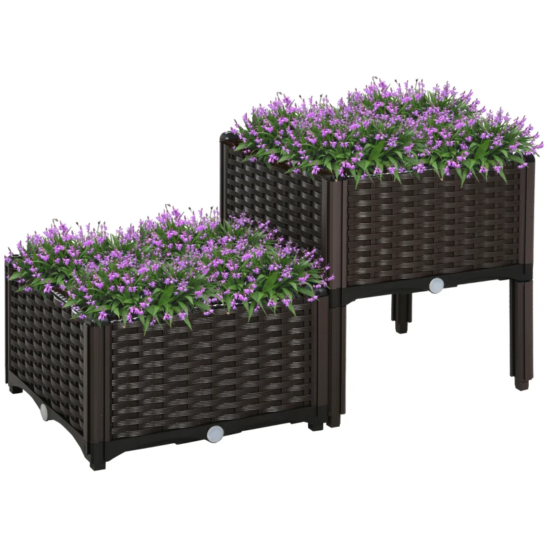 Outsunny verhoogd bed, 2-delige plantenbak met afwateringsgaten, bloembak in rotan-look, PP, bruin