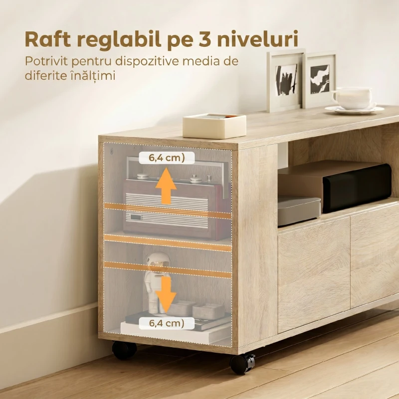 HOMCOM Dulap TV mobil pentru televizoare de până la 42", cu roți pivotante și frână, rafturi ajustabile și sertare, 102x34.5x48.5 cm, lemn