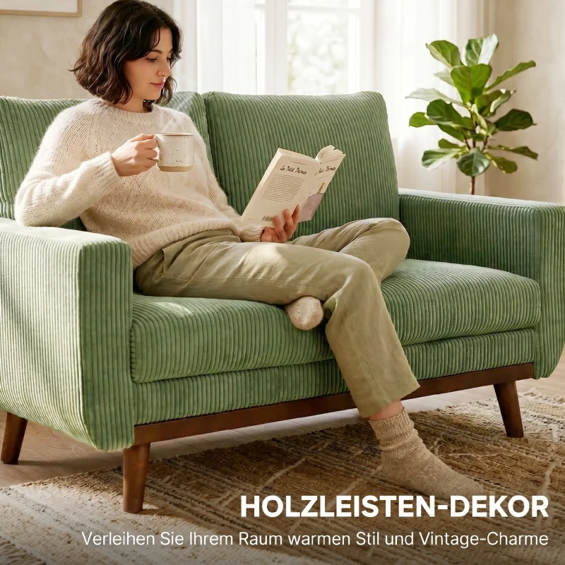 HOMCOM 2-Sitzer-Sofa, 134 cm Cord-Sofa mit Taschenfedern, dicker Rückenlehne, Holzlatten-Akzent, Grün