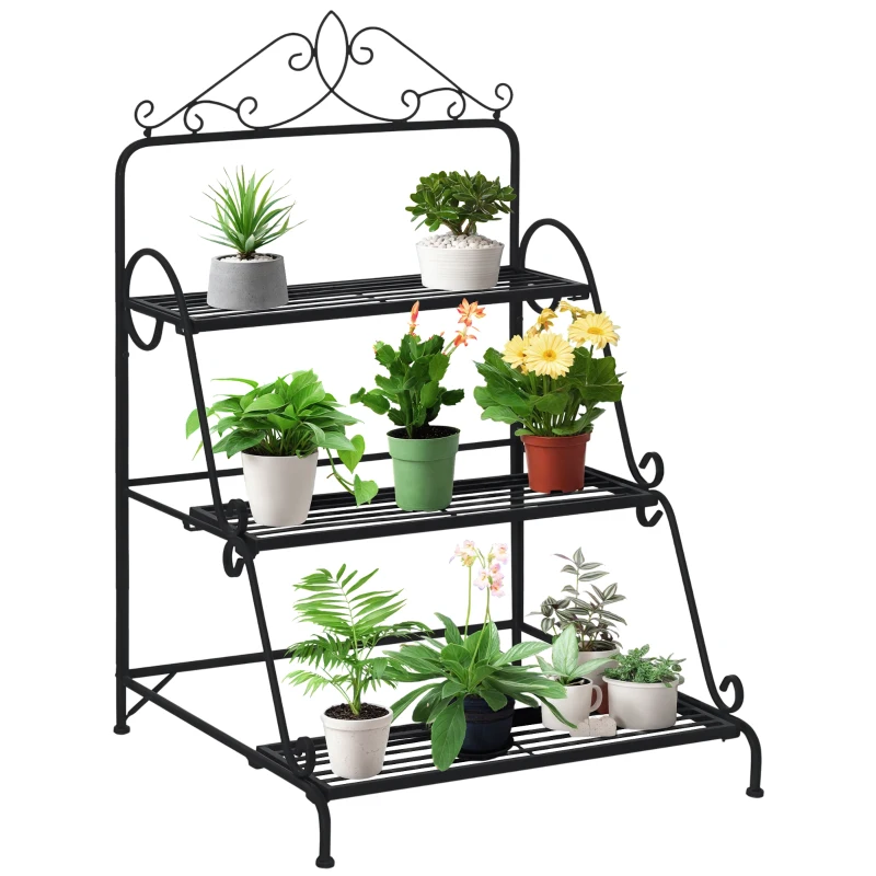 Outsunny 3-laags decoratieve plantenstandaard metaal zwart 60,5 x 59,5 x 95,5 cm