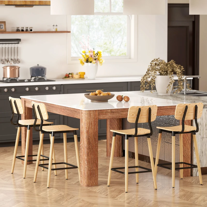 HOMCOM Set van 2 Barstoelen met Rugleuning, Voor Huisbar, Keukeneiland, Eetkamer, Hout, Metaal, Lichtbruin