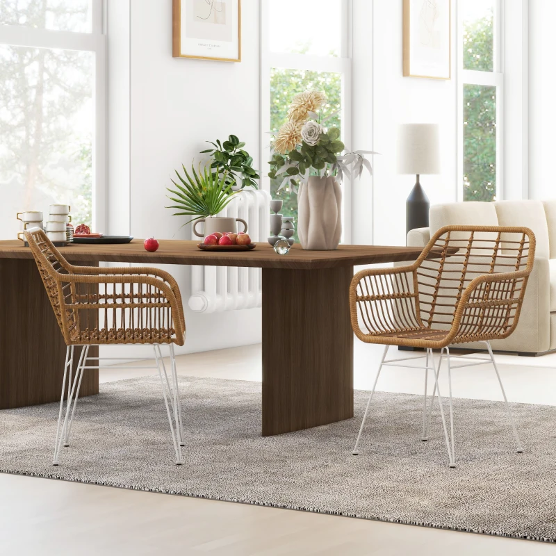 HOMCOM Lot de 2 chaises fauteuils de salle à mager design bohème assise en résine tressée piètement en acier blanc