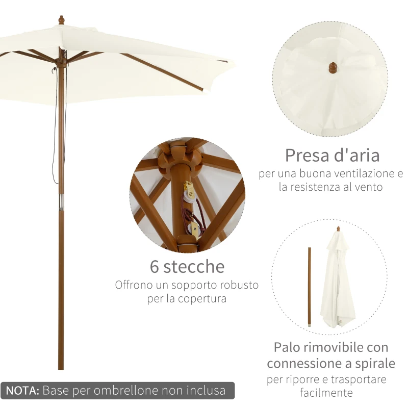 Outsunny Ombrellone da Giardino 2.5x2.3 m a 6 Stecche, in Legno e Poliestere, Bianco Crema