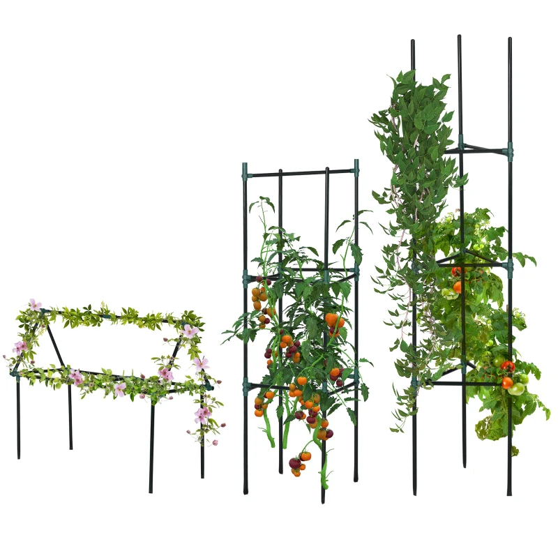 Outsunny latwerk, set van 3 stuks, plantenhouder, steunpalen voor tuinplanten, tomatenkooi voor klimplanten, staal, groen, 38 x 38 x 182 cm