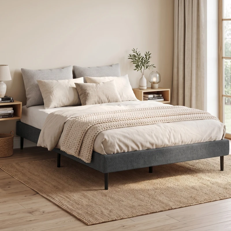 HOMCOM Estrado Estofado 140x190 cm, Estrutura de Cama com Revestimento em Chenille, 10 Ripas de Madeira, 9 Pés Estáveis, Cinza