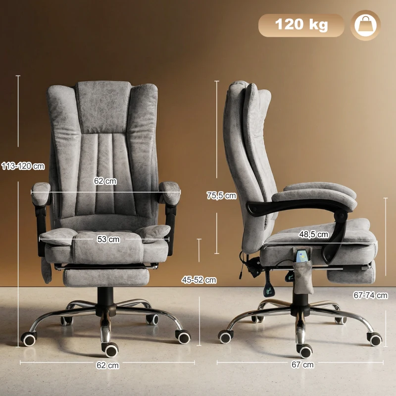 Vinsetto Fauteuil de bureau massant et chauffant, chaise de bureau, chaise ergonomique avec hauteur réglable, dossier inclinable, repose-pied et télécommande filaire, pivotant à 360°, gris