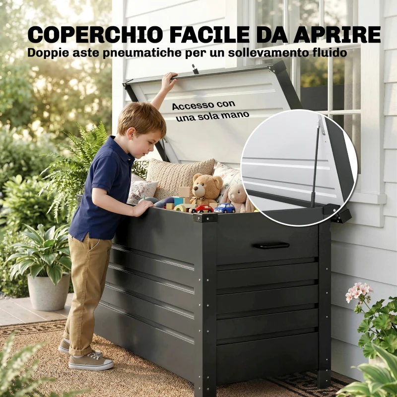 Outsunny Baule da Giardino 350L con Serratura, Rotelle e Maniglie, in Acciaio, 120x61x67 cm, Grigio