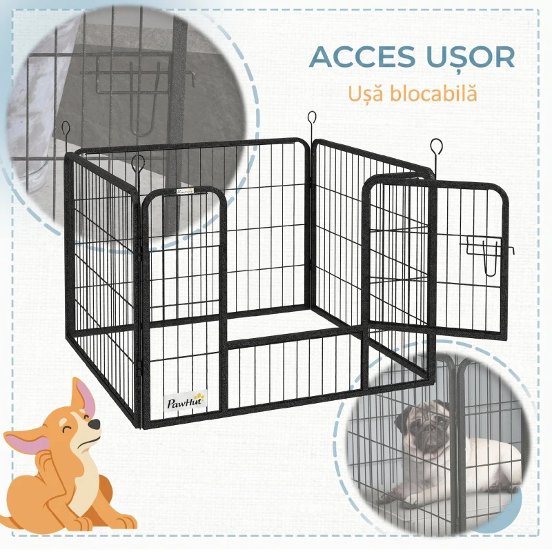PawHut Gard pentru Câini Pliabil din Metal, pentru Interior și Exterior cu Ușă și Țăruși, 82x82x60cm Gri