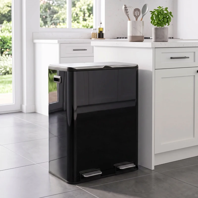 HOMCOM 2 x 30L Double Kitchen Bin, Stainless Steel Pedal Rubbish Bin with Dual Compartments, Soft Close Lids, High Gloss Black