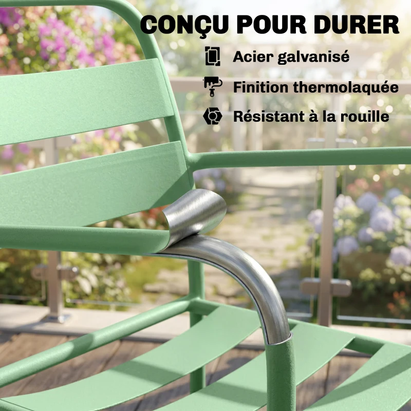 Outsunny Ensemble bistrot de jardin 3 pièces - table basse en verre trempé et 2 chaises à lattes, cadre en acier galvanisé, vert