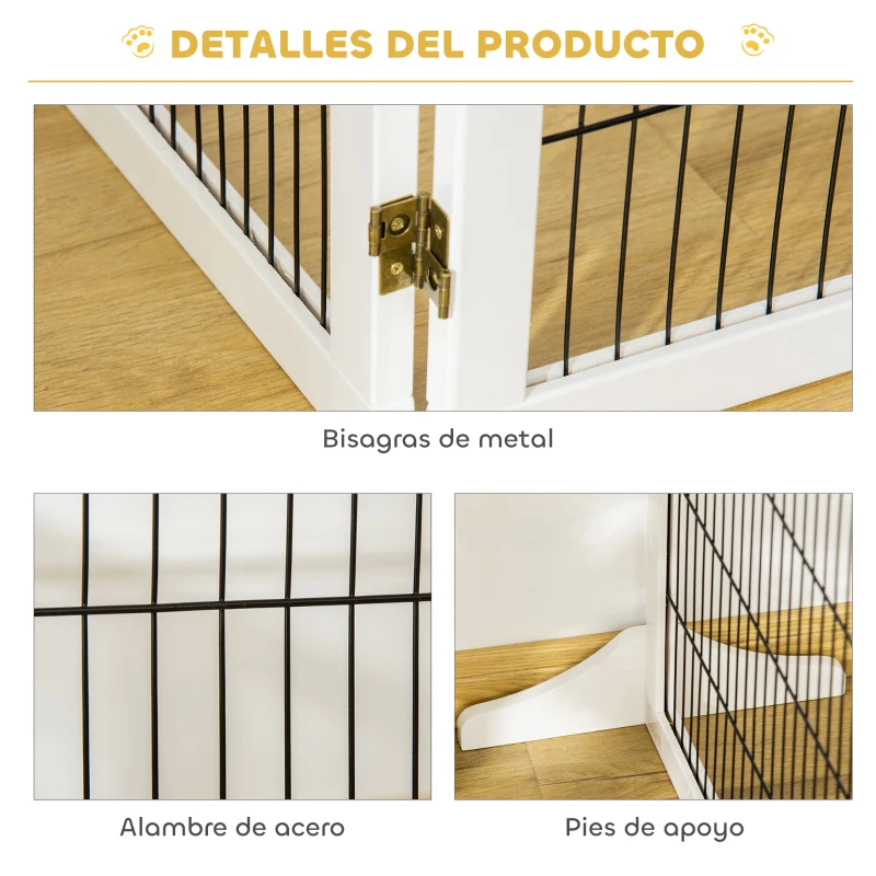PawHut Barrera de Seguridad para Perros Plegable de Madera para Escaleras y Puertas con Soporte de Pie 432x36x70 cm Blanco
