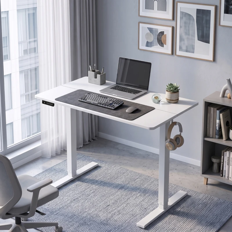 HOMCOM Escritorio Elevable Eléctrico 100x60 cm con 3 Memorias Pantalla LED 2 Ganchos y 2 Pasacables Blanco