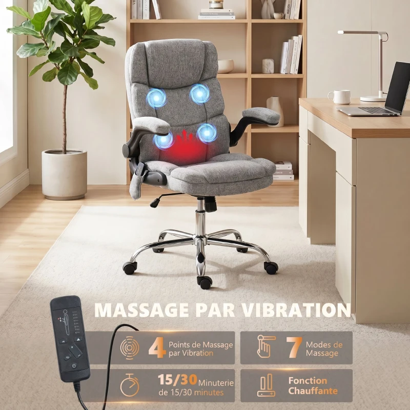 HOMCOM Fauteuil de bureau massant et chauffant, chaise de bureau ergonomique avec hauteur réglable, fonction à bascule, gris