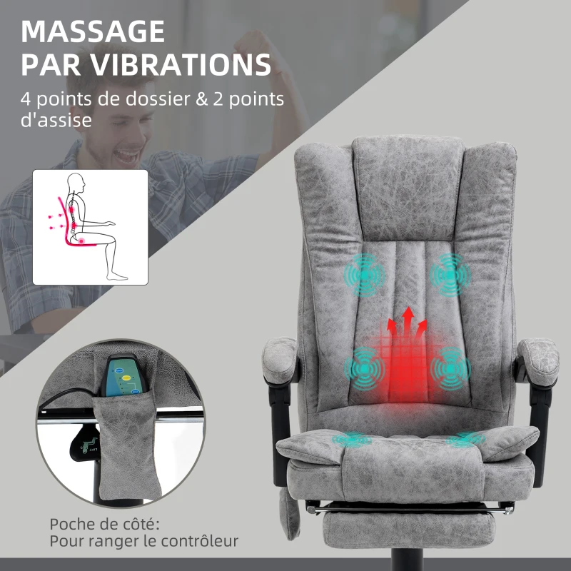 Vinsetto Fauteuil de bureau massant et chauffant, chaise de bureau, chaise ergonomique avec hauteur réglable, dossier inclinable, repose-pied et télécommande filaire, pivotant à 360°, gris