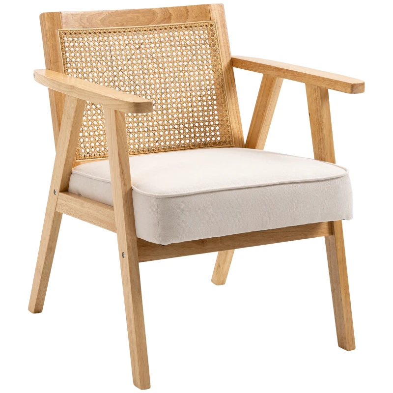 HOMCOM Exotische gestoffeerde stoel, Rubberhout, Zitkussen in Linnen-Look, 63L x 69B x 78H cm, Cremewit(m-10)