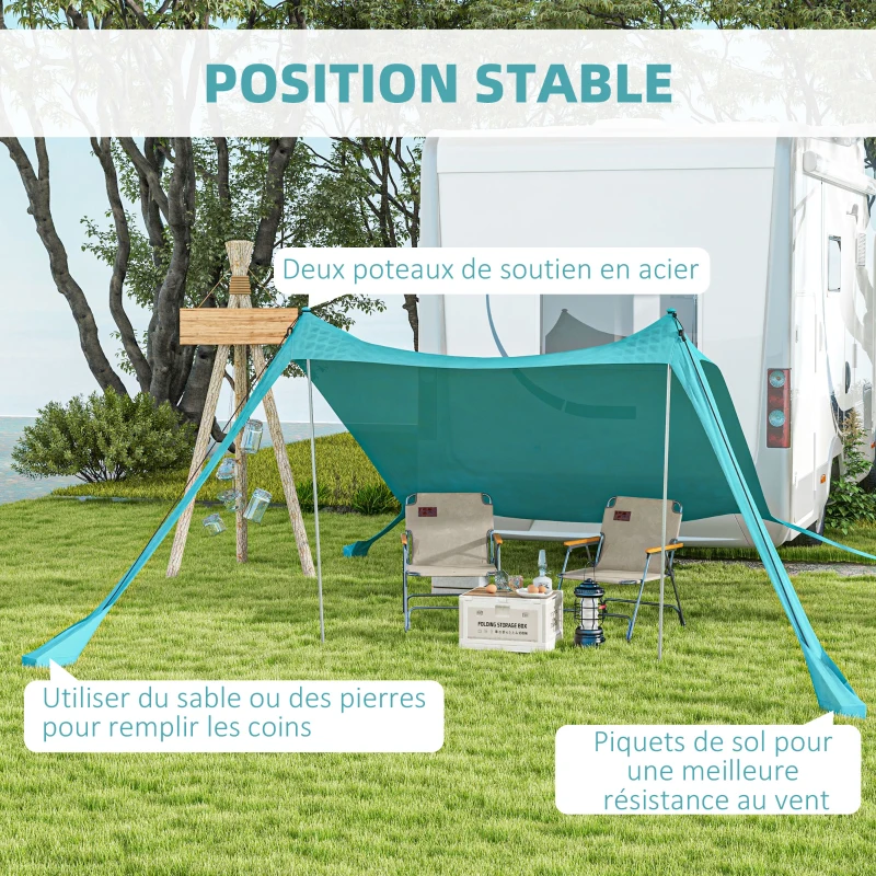 Outsunny Tente de plage, abri solaire de camping, bâche avec 2 poteaux, auvent d'ombrage extérieur - dim. 215L x 200l x 200H cm