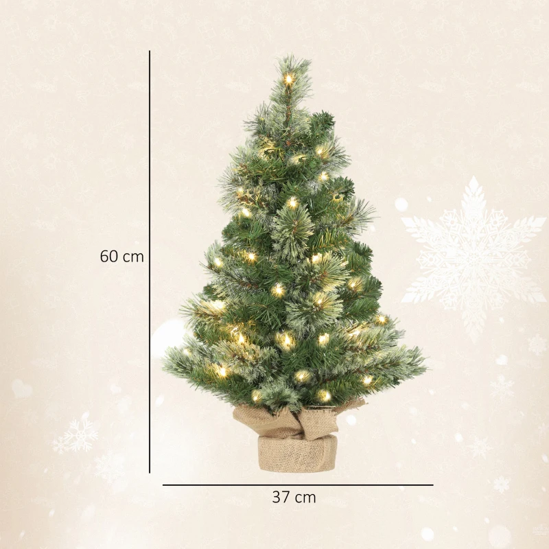 HOMCOM Brad de Crăciun Mic, Înălțime 60 cm cu 35 Luminite LED Albe, 68 Crengi Dese și Ignifuge, Verde