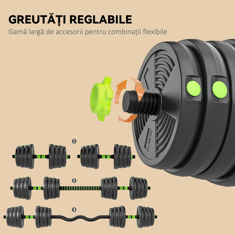 SPORTNOW Set halter cu greutăți 3 în 1, 16 discuri și mâner antiderapant, 140x22x22 cm, verde