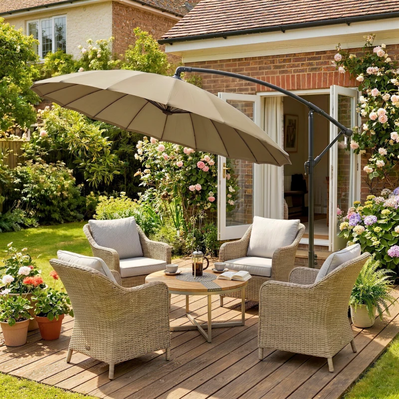 Outsunny 3(m) Cantilever Umbrella 18 Ribs & Vents Adjustable Angle for Patio Khaki