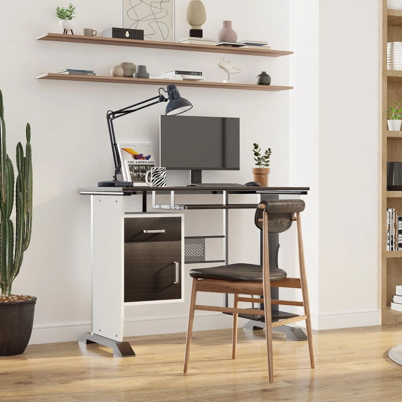 HOMCOM Bureau d'ordinateur, 100 x 52 x 75 cm, bureau avec tablette coulissante pour clavier, tiroirs et support d'unité centrale, table informatique pour étudier noyer foncé et blanc