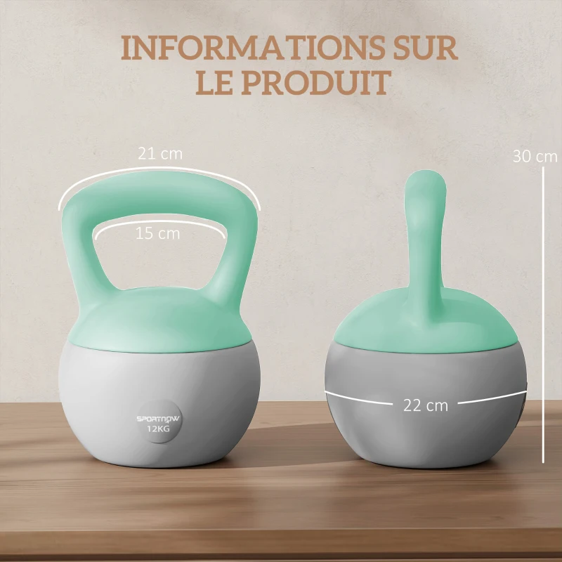 SPORTNOW Kettlebell 12 kg haltère avec poignée antidérapante pour fitness musculation cardio, 21 x 21 x 30 cm, gris et vert