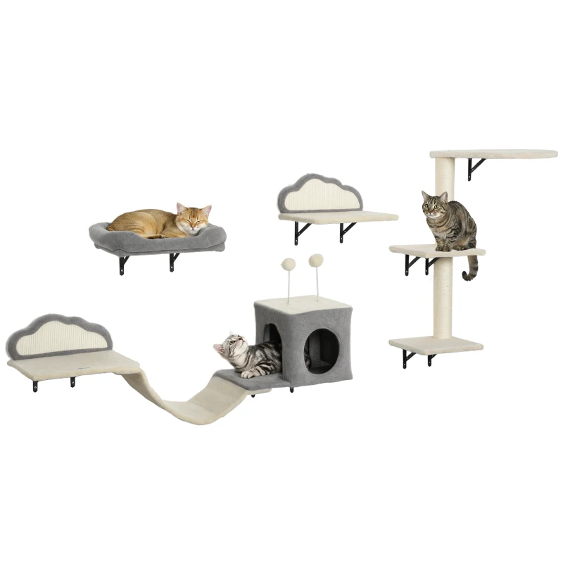 PawHut Wandgemonteerd krabpaal-set, sisal krabvlakken, 4 delen, voor 1-3 katten, Beige