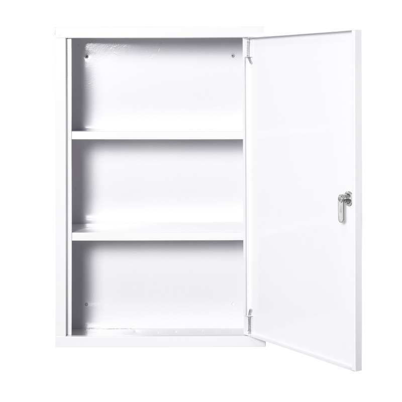 kleankin Botiquín de Pared de Metal con 3 Estantes y Cierre con Llave Armario de Medicamentos 40x18x60 cm Blanco