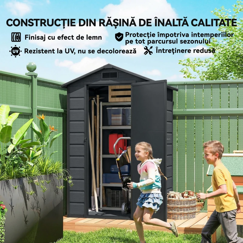 Outsunny Căsuță pentru Unelte cu 2 Intrări, Ferestre și Aerisiri, din PP și Aluminiu, 128x104x196 cm, Gri Închis
