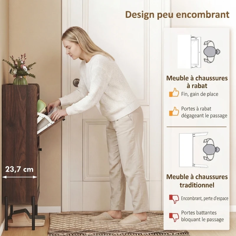 HOMCOM Meuble à Chaussures 16 Paires, 2 Tiroirs, Portes en Rotin et Étagères Réglables, 80x23,7x99,5cm, Marron Foncé