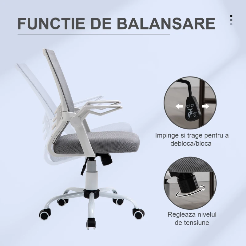 Vinsetto Sedia da Ufficio Ergonomica con Braccioli e Supporto Lombare, in Tessuto Effetto Lino, 62.5x55x94-104 cm, Grigia