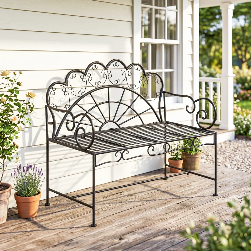Outsunny Metal Garden Bench Loveseat with Slatted Seat, Black