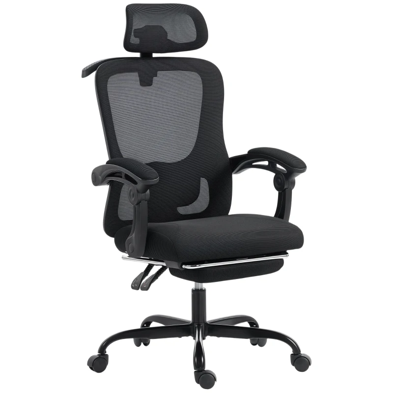 HOMCOM Chaise bureau ergonomique, fauteuil de bureau en maille avec appuie-tête réglable, support lombaire, 64x64x124cm, noir