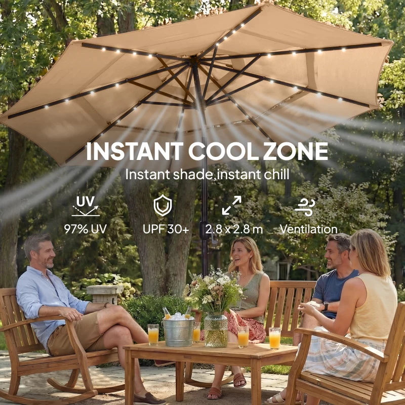 Outsunny 2.8 m Garden Parasol Umbrella with LED Solar Light, Parasol Cover, 3 Tier Outdoor Table Market Patio Umbrella, Khaki