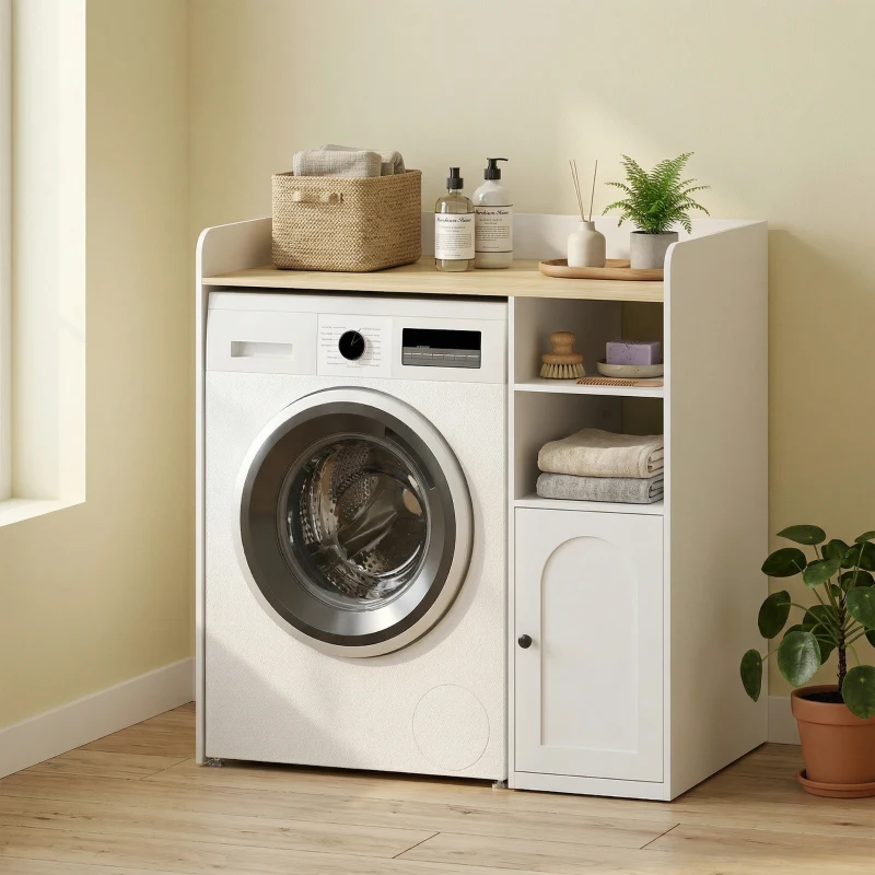 HOMCOM Kast boven de wasmachine met Soft-Close scharnieren, moderne badkamerorganizer boven toilet met open vakken