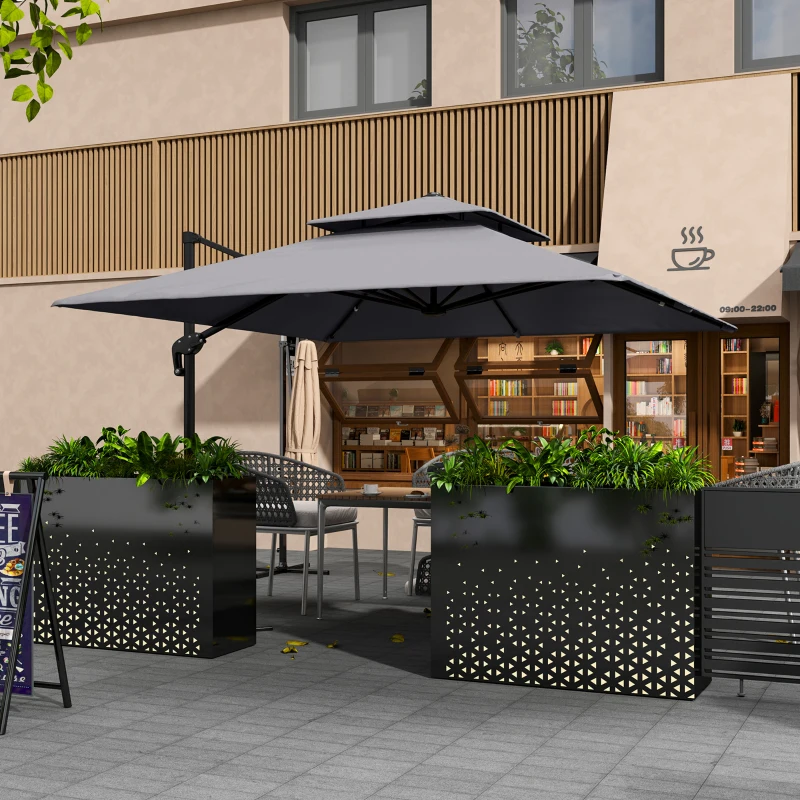 Outsunny 3 x 3(m) Cantilever Parasol with Aluminium Frame, Crank and Tilt, 360-Degree Rotation, Double Top Garden Umbrella with Cover (Only Cross Base), Light Grey