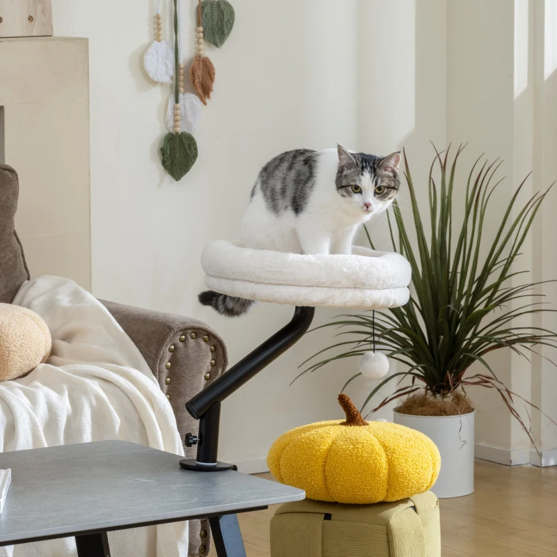 PawHut katten-bureaubed, kattenbed voor op het bureau met 360° draaibaar ontwerp, verstelbare hoogte, ligbed met afneembaar machinewasbaar kussen, voor katten tot 6 kg, thuiskantoor, Crèmewit